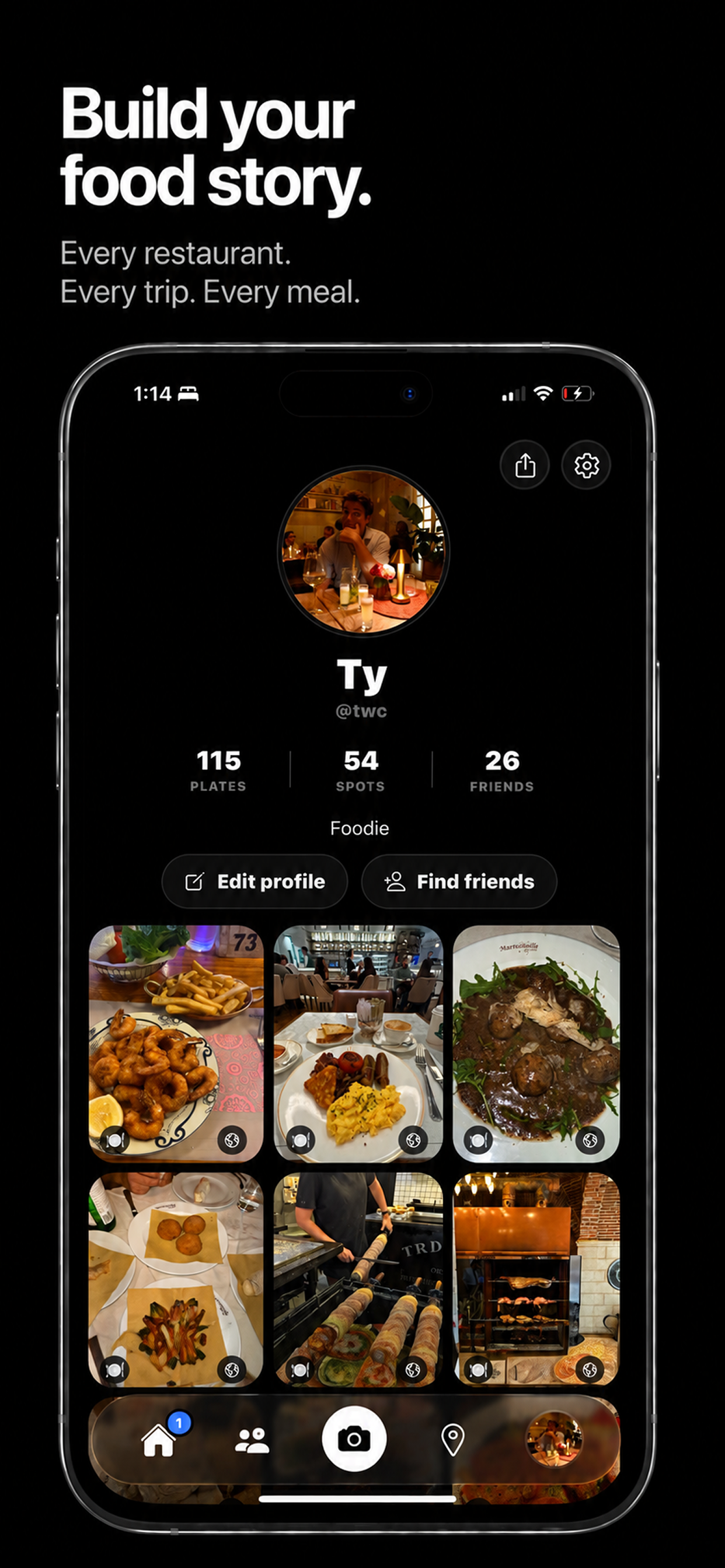 PlateIt profile screen showing a food story and public plate grid
