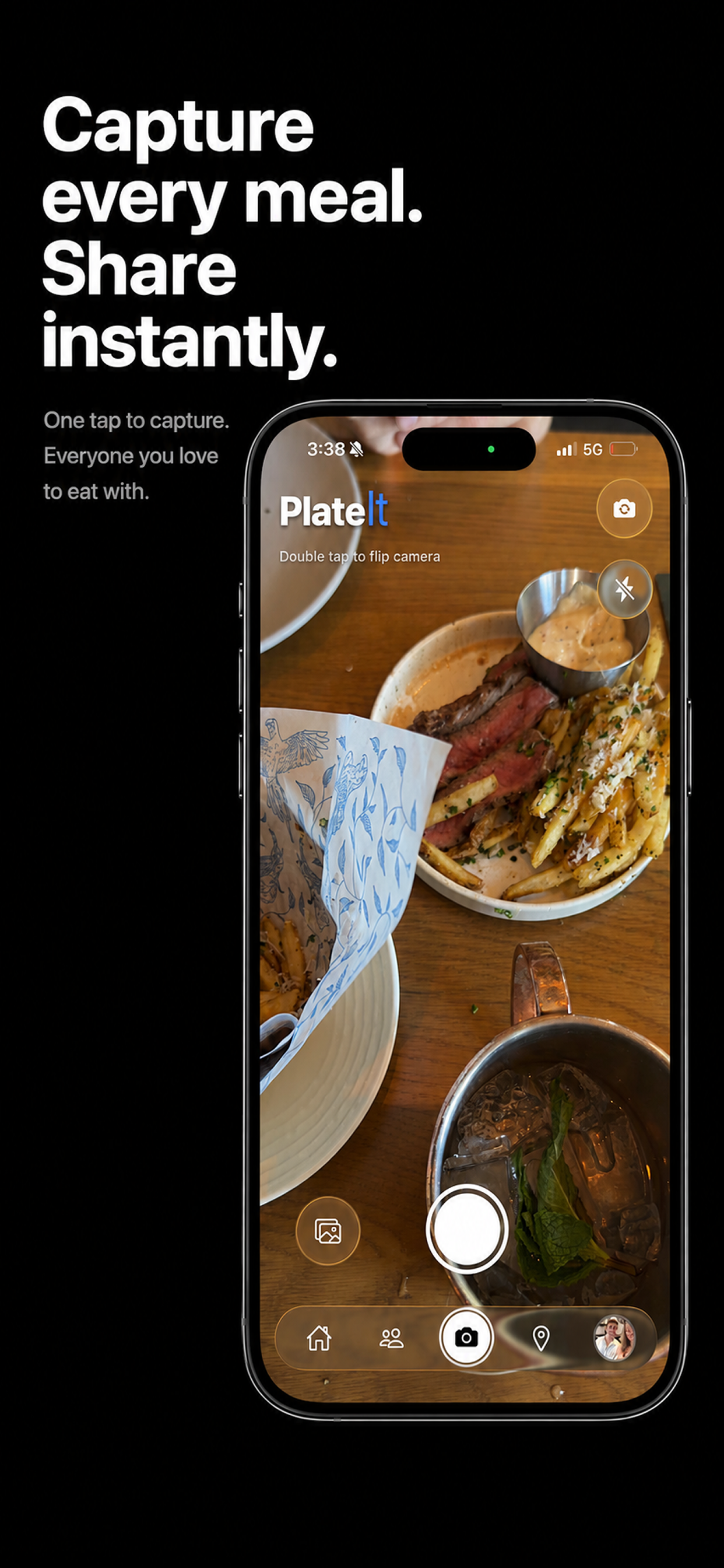 PlateIt camera screen for capturing and sharing a meal