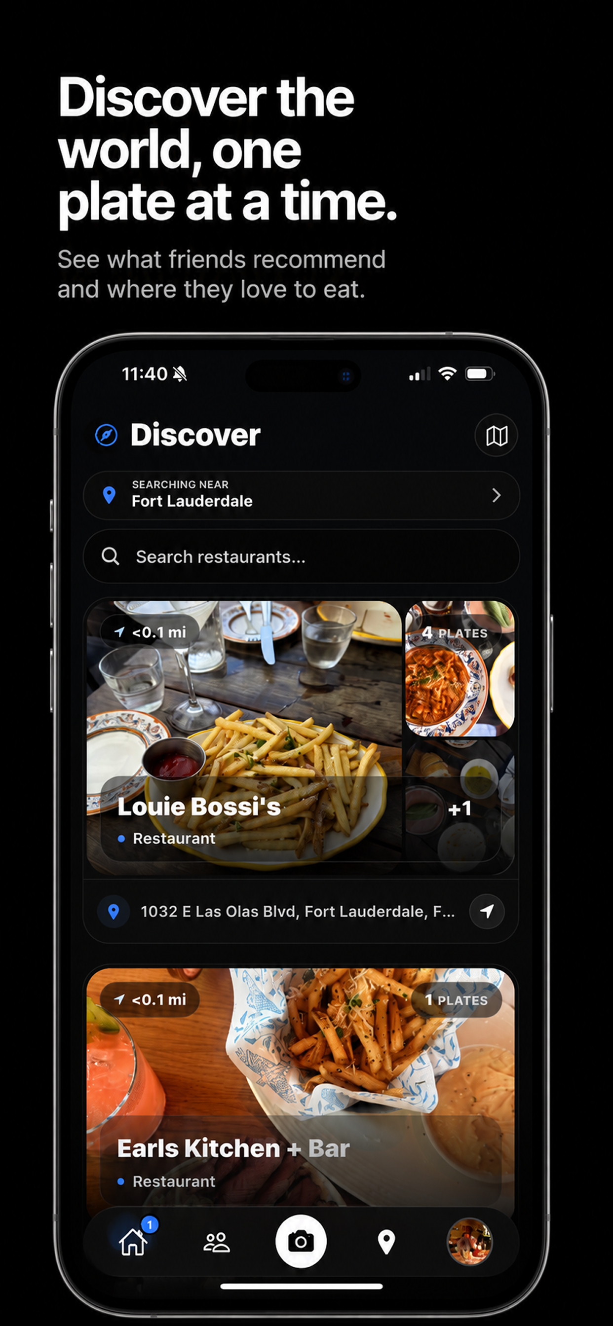 PlateIt discover screen showing restaurants and plates
