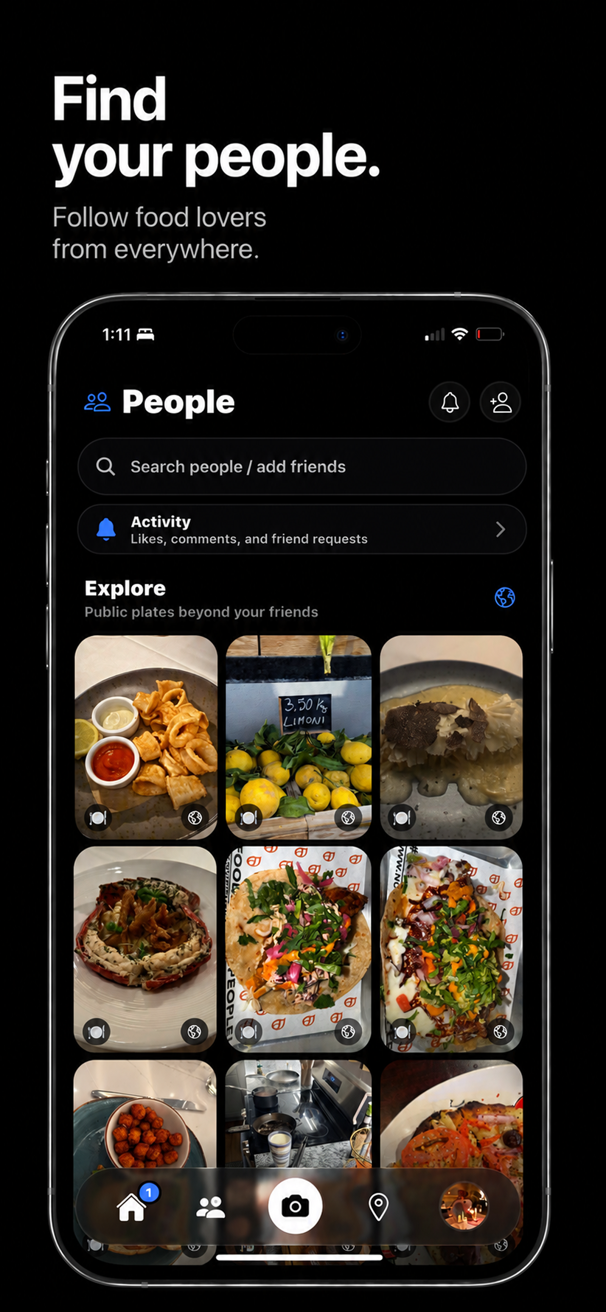 PlateIt people screen showing public food posts beyond friends