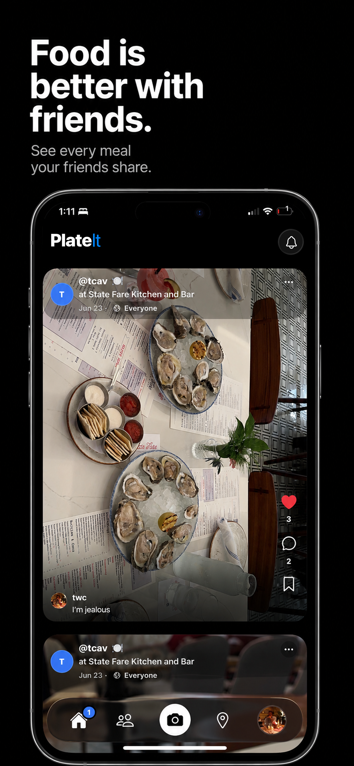 PlateIt home feed showing food shared by friends